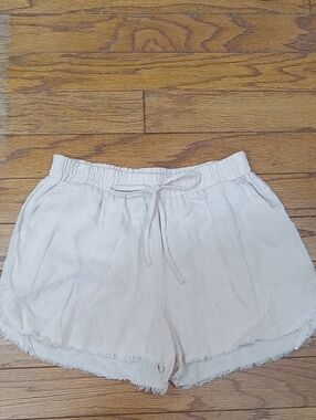 Little Lies Hannah Linen Shorts Beige Size 8 Raw Fray Hem Drawstring